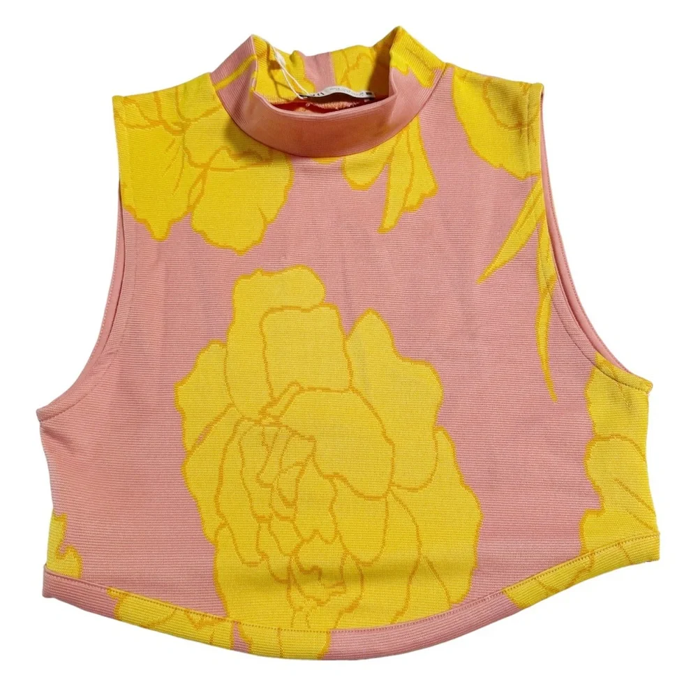 Zara NWT Floral Jacquard Mock Neck Crop Top in Peach Pink/Yellow Size Small - Picture 7 of 13